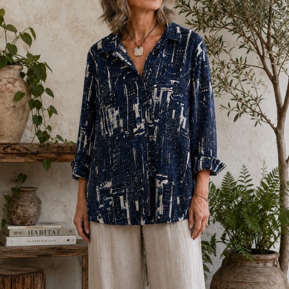 Habitat Clothes to Live In Womens XL Blue Abstract Cityscape Button Up Shirt